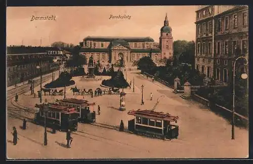 AK Darmstadt, Strassenbahnen am Paradeplatz