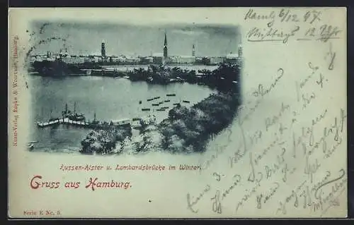 Mondschein-AK Hamburg-Neustadt, Aussen-Alster und Lombardsbrücke im Winter