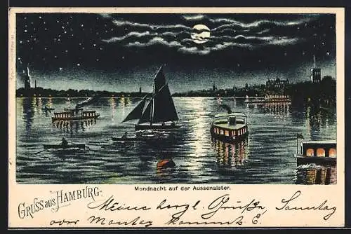 Lithographie Hamburg-St.Georg, Mondnacht auf der Aussenalster, Segelboot