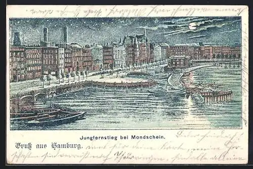 Lithographie Hamburg-Neustadt, Jungfernstieg bei Mondschein