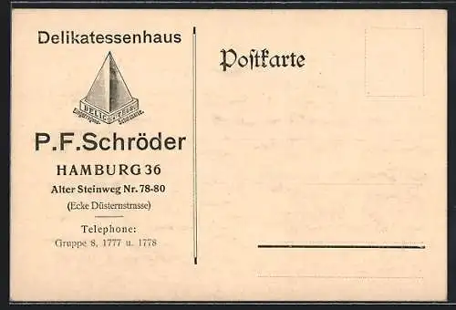 AK Hamburg-Neustadt, Reklame für P. F. Schröder`s Delikatessenhaus, Alter Steinweg 78-80