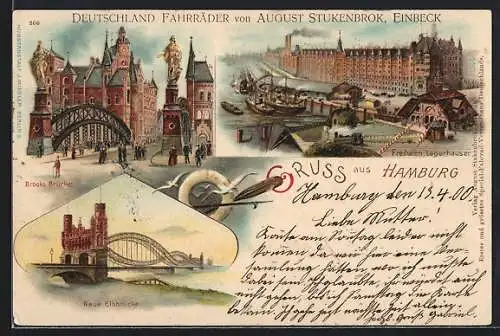 Lithographie Hamburg, Freihafen, Lagerhäuser, Brooks Brücke, Neue Elbbrücke