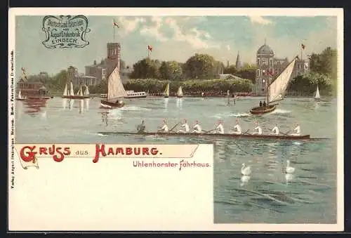 Lithographie Hamburg-Uhlenhorst, Partie am Fährhaus, Segelboote, Ruderboot