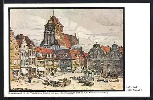 Künstler-AK Greifswald, Markt mit Blick auf die Marienkirche