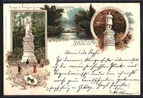 Lithographie Berlin-Tiergarten, Löwenbrücke, Denkmal Königin Luise und Friedrich Wilhelm III., Wappen