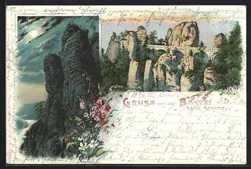 Lithographie Lohmen / Sachsen, Bastei, die Bastei-Brücke und der Basteifelsen