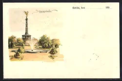 Lithographie Berlin-Tiergarten, Siegessäule mit Springbrunnen