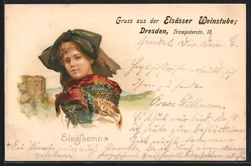 Lithographie Dresden, Elsässerin in Tracht, Elsässer Weinstube in der Trompeterstr. 18