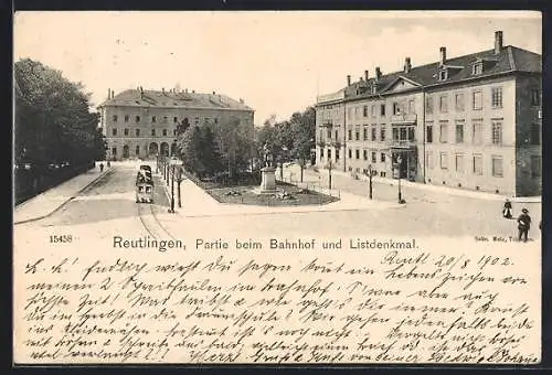 AK Reutlingen, Hotel Kronprinz, Bahnhof und Listdenkmal