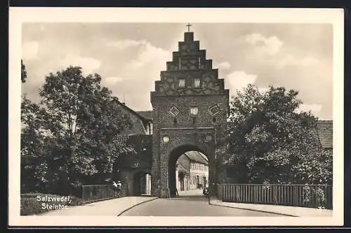 AK Salzwedel, Steintor mit Strassenpartie
