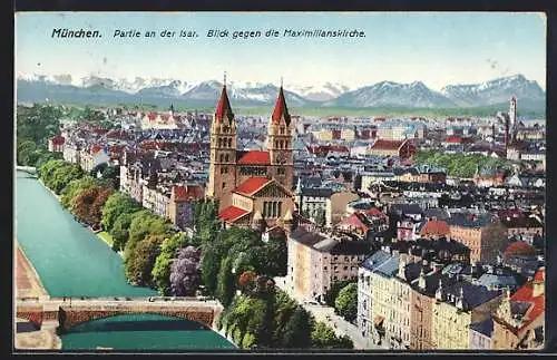 AK München, Partie an der Isar, Blick gegen die Maximilianskirche