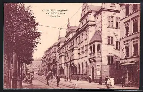 AK Mainz, Strassenpartie am Postgebäude