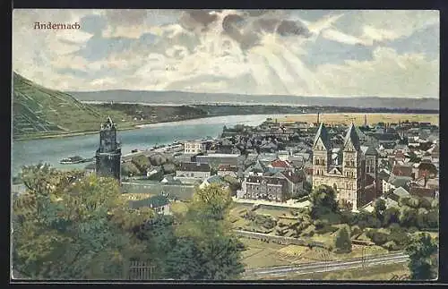 Künstler-AK Andernach, Panoramablick vom Berg aus gesehen