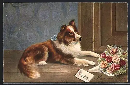 Künstler-AK Collie mit einem Blumenstrauss