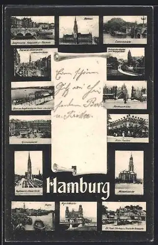 Mikroskop-AK Hamburg, Jungfernstieg, Rathaus, Lombardsbrücke, Grossneumarkt, Alster Pavillon, Michaeliskirche, Hafen