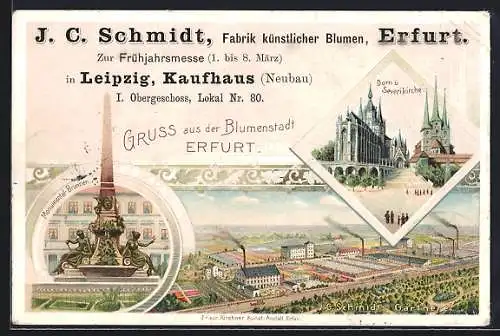 Lithographie Erfurt, J. C. Schmidts Gärtnerei, Monumental-Brunnen, Dom und Severi-Kirche