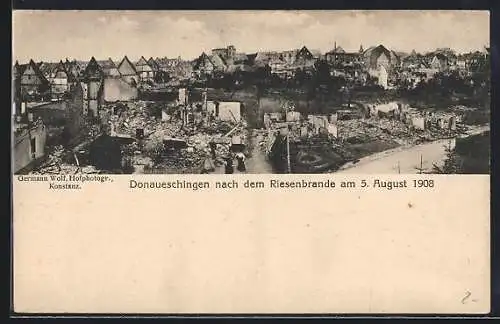 AK Donaueschingen, Ortsansicht nach dem Brand am 5. August 1908