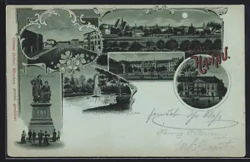 Mondschein-Lithographie Hanau, Ulanen-Kaserne, Grimm-Denkmal und Theater