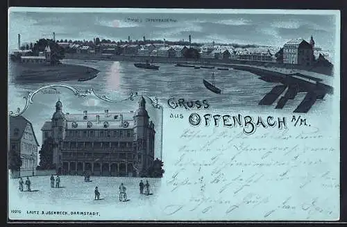 Mondschein-Lithographie Offenbach a. M., Totalansicht und Schloss