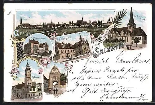 Lithographie Salzwedel, Kgl. Gymnasium, Amtsgericht, Rathaus und Steinthor