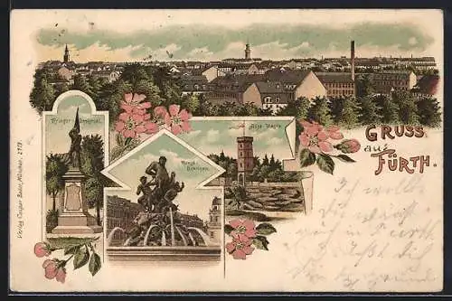 Lithographie Fürth, Kunst-Brunnen, Alte Veste, Krieger-Denkmal, Panorama