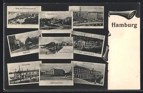 Mikroskop-AK Hamburg, Esplanade, Uhlenhorst, Spielbudenplatz, Alsterpavillon, Hafenkrankenhaus, Alsterarkaden