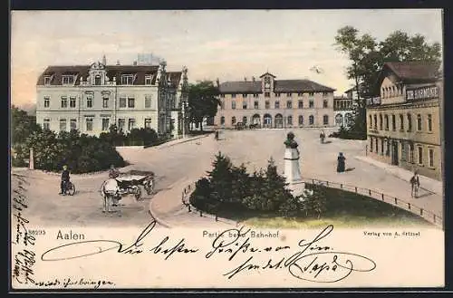 AK Aalen, Partie beim Bahnhof, von oben gesehen, mit Denkmal