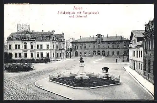 AK Aalen, Schubartplatz mit Postgebäude und Bahnhof