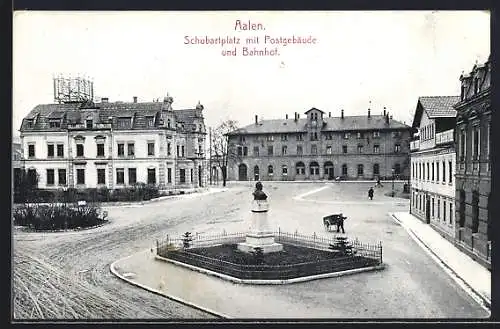 AK Aalen, Schubartplatz mit Postgebäude und Bahnhof