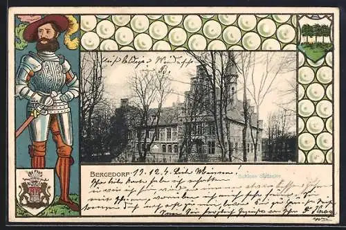 Passepartout-Lithographie Bergedorf, Südseite des Schlosses, Ritter mit Wappen