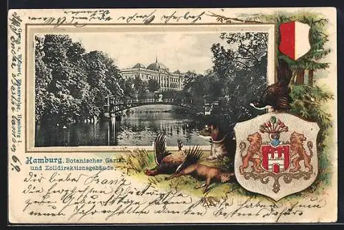 Passepartout-Lithographie Hamburg-St.Pauli, Botanischer Garten und Zolldirektionsgebäude, Jagdhund mit Wappen