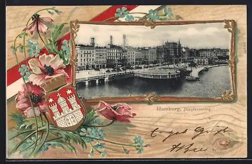 Passepartout-Lithographie Hamburg-Neustadt, Blick zum Jungfernstieg, Stadt-Wappen