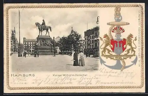 Passepartout-Lithographie Hamburg, Kaiser Wilhelm-Denkmal, Wappen und Anker