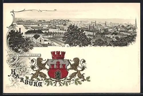 Lithographie Harburg, Totalansicht mit Wappen