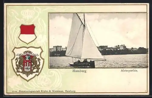 Passepartout-Lithographie Hamburg, Alsterpartie, Wappen und Kleeblätter