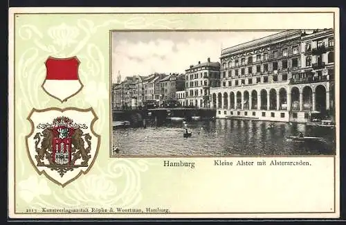 Passepartout-Lithographie Hamburg, Kleine Alster mit Alsterarcaden, Wappen un Kleeblätter