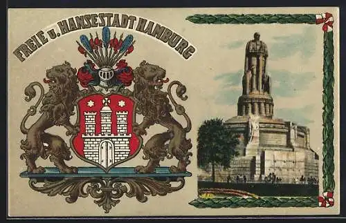 Passepartout-Lithographie Hamburg, Denkmal, Wappen und Ritterhelm