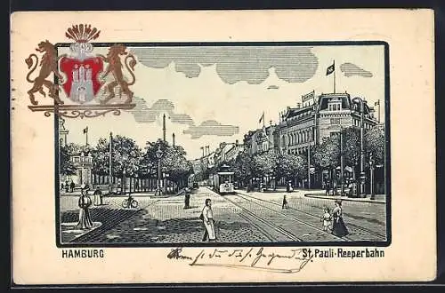 Passepartout-Lithographie Hamburg-St. Pauli, Strassenbahn auf der Reeperbahn, Wappen