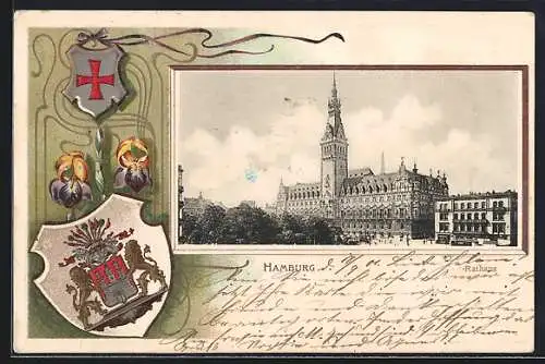 Passepartout-Lithographie Hamburg, Blick zum Rathaus, Wappen mit Schwertlilien