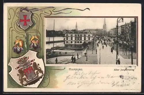 Passepartout-Lithographie Hamburg-Neustadt, Alter Jungfernstieg, mit Stadtwappen