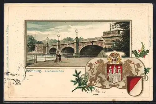 Passepartout-Lithographie Hamburg-Neustadt, Ortspartie an der Lombardsbrücke, Wappen