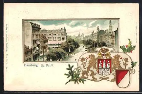 Passepartout-Lithographie Hamburg-St. Pauli, Teilansicht mit Strasse aus der Vogelschau, Wappen