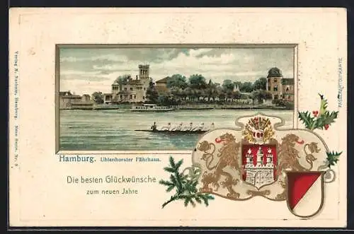 Passepartout-Lithographie Hamburg-Uhlenhorst, Uhlenhorster Fährhaus, Ruderboot auf der Alster, Wappen