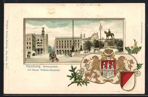 Passepartout-Lithographie Hamburg, Rathausmarkt mit Kaiser Wilhelm Denkmal, Wappen