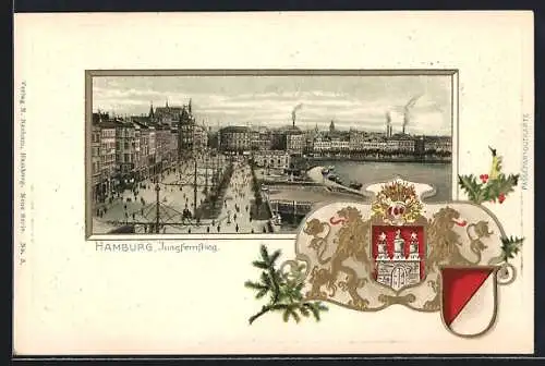 Passepartout-Lithographie Hamburg Neustadt, der Jungfernstieg, Wappen