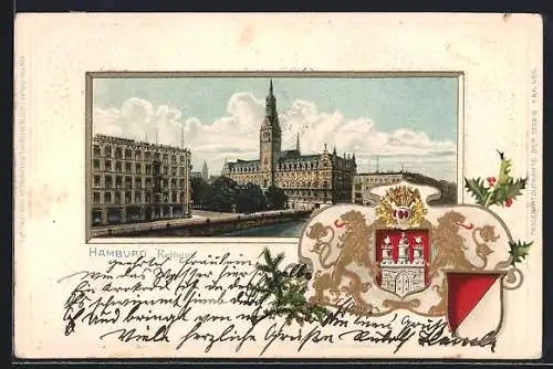 Passepartout-Lithographie Hamburg, Rthaus mit geprägtem Wappen