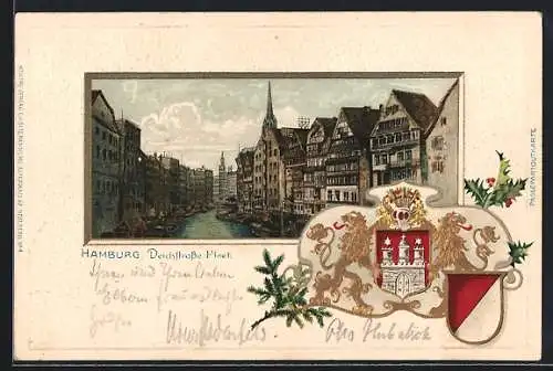 Passepartout-Lithographie Alt-Hamburg, Deichstrasse Fleet, Boote, Wappen mit goldenen Löwen