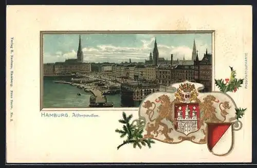 Passepartout-Lithographie Hamburg-Neustadt, Blick auf das Alsterpavillon, goldene Löwen mit Wappen