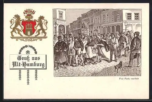 Passepartout-Lithographie Hamburg, Verkehr auf einer Strasse, Wappen