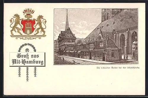 Passepartout-Lithographie Hamburg, Die Lübschen Buden bei der Jakobikirche, Wappen